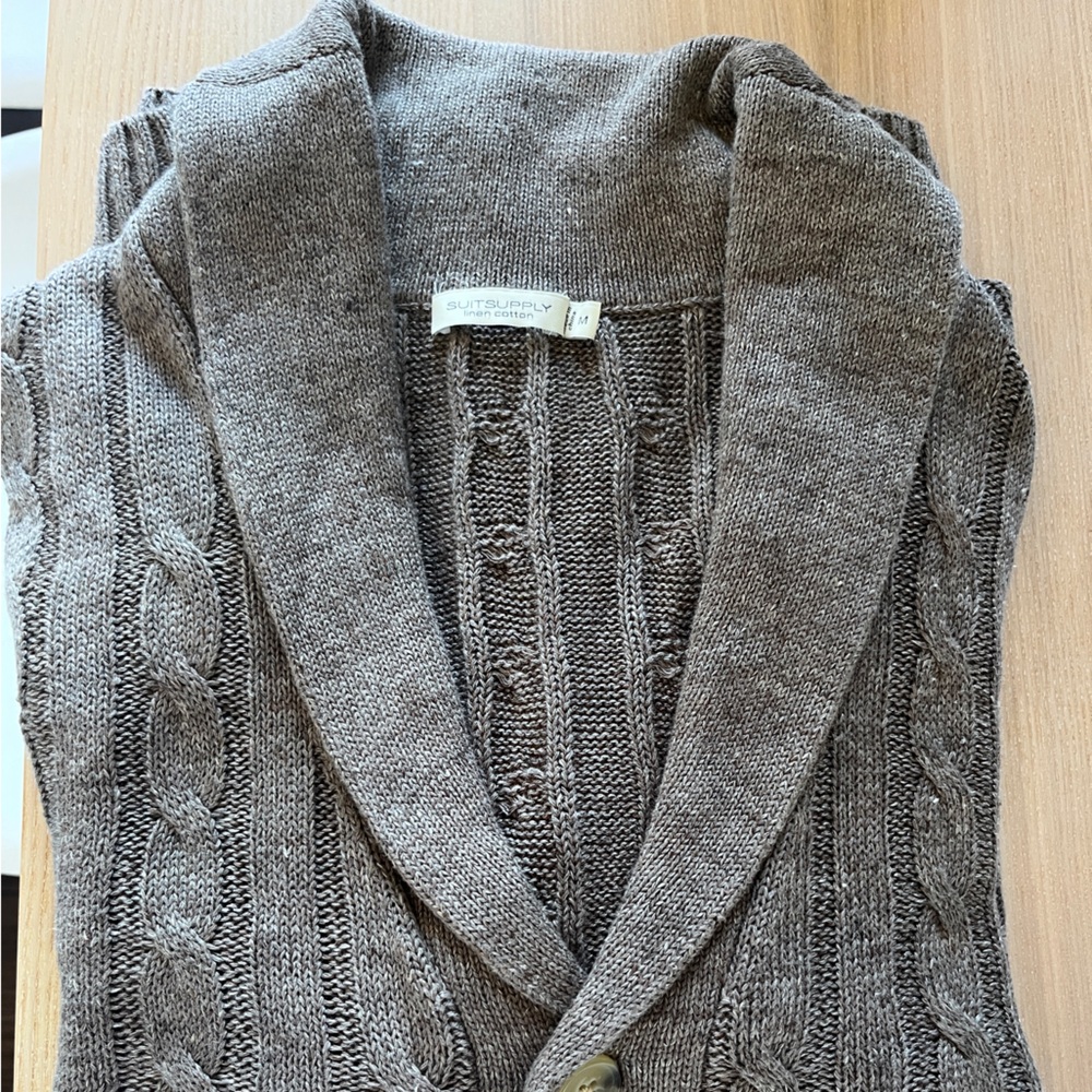 Suitsupply Taupe Shawl-Collar Cable Cardigan